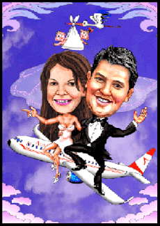 Karikatur zur Hochzeit zeichnen lassen, mit der AUA in die Flitterwochen.