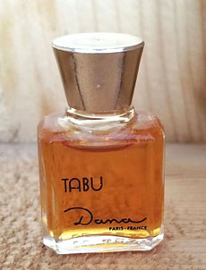 DANA - TABU : PETITE MINIATURE AVEC SERIGRAPHIE NOIRE, BOUCHON DORE EVASE