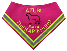 besticktes Hundehalstuch in pink mit AZUBI Therapiehund, einem Hundesymbol und Reflektoren.
