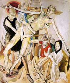 Max BECKMANN en su descendimiento de 1917 reduce a Dios en esqueleto dolorosamente alargado en el traverso de la cruz con brazos longilíneos que remite al Entierro del Sr de Orgaz cretense.