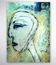 Außergewöhnliche Bilder Wohnzimmer, Abstrakte Gesichter, Menschen, Portrait, außtergewöhnliche Acrylbilder, Malerei, Hochformat, Grün, Blau, Gold, Schwarz