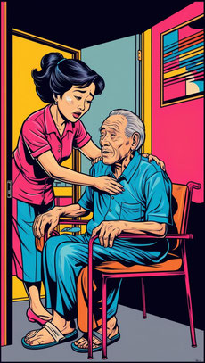 An Asian woman looks worried and is helping an older man sitting on a chair.