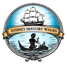 Logo of tour company Sydney History Walks with sailing ship and aboriginal woman fishing in a bark canoe in a rope circle