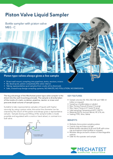 Liquid sampling, Piston valve liquid sampler, tank sampler, pipeline sampler, reactor sampler, Mechatest liquid bottle sampler type MBS-C1 - closed sampling Hydrocarbon liquids - Dopak DPM