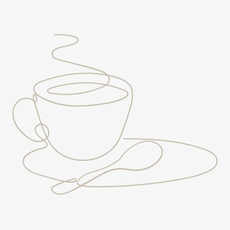 feine Zeichnung einer dampfenden Tasse Tee oder Kaffee auf einem Unterteller mit Löffel - Symbol für Entspannung und Zeit für Inspriration