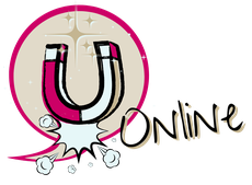 Comic-Stil-Magnet in Pink und Schwarz, umgeben von Sternen und Energieeffekt mit dem grafisch gestalteten Wort: Online, Symbol für Anziehungskraft und Strahlkraft des Charisma Boosters im Onlineformat.