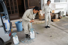 噴霧器にセットするM田君と見守る社長