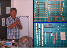 デッキブロックの組込調整や多数の艤装品の製作事例を解説中のOSさん。　船体への取付けは調整完了後に艤装するとのこと