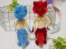 羊毛フェルト 半獣の火狼&水狼