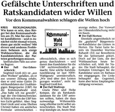 Artikel in der STIMBERG ZEITUNG am 11. April 2014: Gefälschte Unterschriften und Ratskandidaten wider Willen