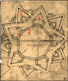 (1) Kazematten, (2) poort, (3) ravelijn, (4) bastion 3