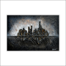 Peinture skyline ; collages carton ville ; tableau ville ; tableau noir et blanc ; tableau sombre ; tableau déco