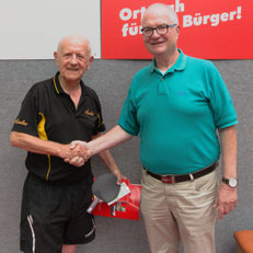 Wolfgang Schmidt (r.) begrüßt Dr. Peter Kapitza in der "alten Sargfabrik".