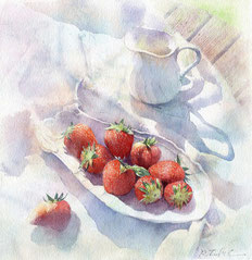水彩画「苺とミルクポット」福井良佑  Watercolor by Ryoyu