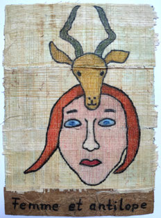 Femme et antilope, Farbstift auf Papyrus, 15 x 10,5 cm, 2026
