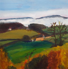 "Autumn Mist" 20.5 x 20.5cm acrylic on cradled board. AM01a. 