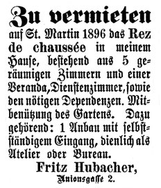 Das Elternhaus an der Unionsgasse 2. Inserat vom Tagblatt der Stadt Biel, 30. April 1896.