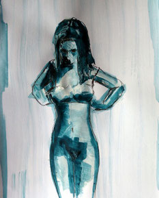 frauenakt, frau kleidet sich an, acrylskizze