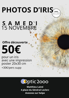 Affiche journée photo d’iris chez Optic 2000 à Avesnes sur helpe – 15 novembre