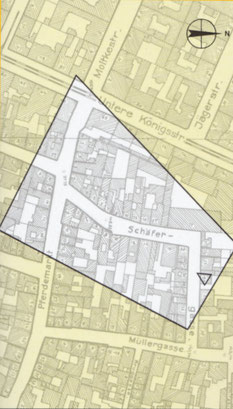 Stadtplan 1943. Die Schäfergasse 28/30 befindet sich im grau markierten Bereich. Beide Abbildungen sind entnommen aus Helmut Brier/Werner Dettman, Kassel. Veränderungen einer Stadt, Fuldabrück 1986.