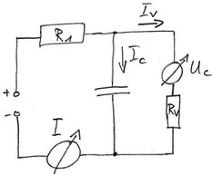 Abb.2: Ersatzschaltung des Ladevorgangs; Spannungsmessgerät mit Innenwiderstand