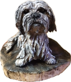 Kettensägenschnitzerei, beeindruckende Kettensägen-Skulptur eines detaillierten Hundes nach Foto von Jessica Hilleke, geschnitzt aus Holz. Stunning chainsaw carving of an dog sculpture from a picture by Jessica Hilleke, hand-carved wood art