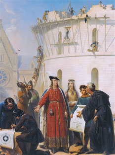 Philippe Auguste visite le chantier de la Grosse Tour. Tableau du XIXe siècle de Jean-Baptiste Mauzaisse (1784-1844). Paris, Musée du Louvre. Temple de Paris