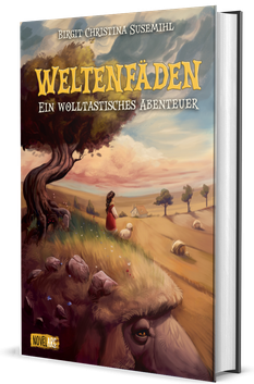 Cover von "Weltenfäden": Auf einem Hügel, der beim näheren Hinsehen wie der Kopf eines Widders geformt ist, stehen ein Mädchen und ein kleines Schaf und blicken auf eine Landschaft aus abgeernteten Kornfeldern. Die Strohballen sehen aus wie Wollknäuel.