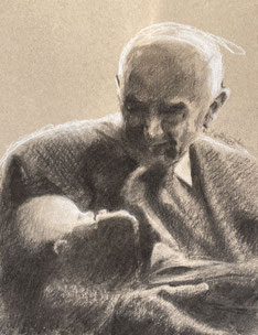 Frits Philips met achterkleinkind, houtskool en krijt op papier 30x23cm