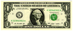 Die Vorderseite der ONE-Dollar-Note zeigt in einem Medaillon das Porträt George Washingtons (1732 - 1797)