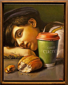 Dream of Gucci, Junge am Tisch mit Brot und Kaffeebecher, Michael Jampolski Galerie rfzk Nürnberg