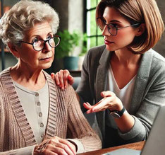 Eine seniore Dame sitzt vor ihrem Laptop. Sie hört aufmerksam zu, wie eine andere Frau die Nutzung und Inhalte von Technik und Internet erläutert.