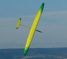 planeur radiocommandé Alliaj Aeromod jaune et vert, en vol