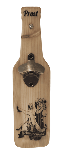 Wandflaschenöffner aus Holz mit Schwarzwald-Marie-Pin-up