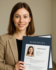 Junge Frau hält Bewerbungsmappe mit Bewerbungsfoto in der Hand