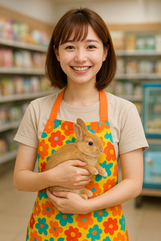 松伏町のペットショップでウサギを抱く女性