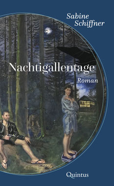 Das Cover von Nachtigallentage zeigt einen Wald bei Nacht, darin eine Frau auf einer Waage und ein Mann mit Waffe.