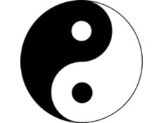 El simbolo del Yin y el Yang, una esfera con la mitad oscura con un punto blanco, y una parte blanca con un punto oscuro.