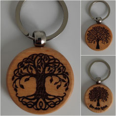 Schlüsselanhänger aus Buchen- und Walnussholz mit handgefertigten Schwarzwald-Motiven – Hirsch, Heimat, Baum des Lebens und Thors Hammer, gefertigt von Jvi handmade, Onlineshop für handgefertigte Kleinmöbel und Dekorationsartikel aus Holz