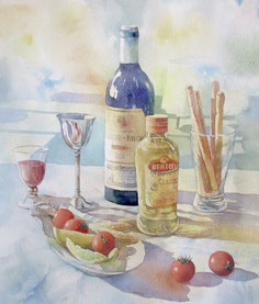 水彩画「ワインのあるテーブル」福井良佑  Watercolor by Ryoyu