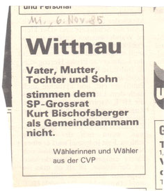 Anti-Bischofsberger-Inserat (6. Nov. 1985)