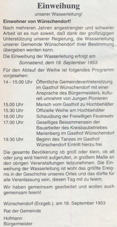 Bild: Wünschendorf Erzgebirge Wasserleitung Einweihung 1953