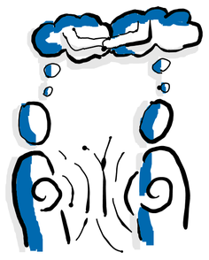 wei abstrahierte Personen stehen einander gegenüber. Über ihren Köpfen befinden sich je eine Gedankenwolke; zwischen den Wolken ist eine Brücke/Verbindung dargestellt. Geschwungene Linien zwischen den Personen deuten Austausch oder Kommunikation an.