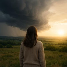 Femme regardant la lumière et laissant passer la tempête