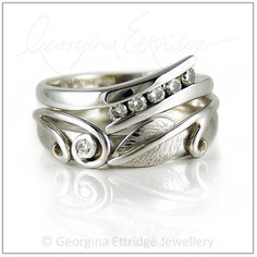 Leaf & Two Tendrils Ring with usual shaped engagement ring