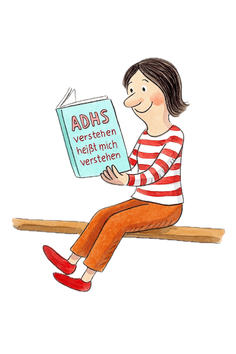 Eine Frau sitzt und liest ein Buch mit dem Titel „ADHS verstehen heißt mich verstehen“. Symbol für Selbstkenntnis und Bewusstsein.