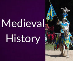 A young female knight in worn armor stands confidently next to bold text reading “Medieval History” on a dark purple background.