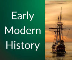 A man in 16th-century attire looks upward beside bold text reading “Early Modern History” on a green background.