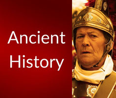 A Roman soldier with a weathered face and helmet stares intensely, beside bold text reading “Ancient History” on a red background.
