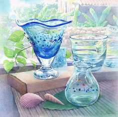 水彩画「窓辺の琉球ガラス」福井良佑  Watercolor by Ryoyu